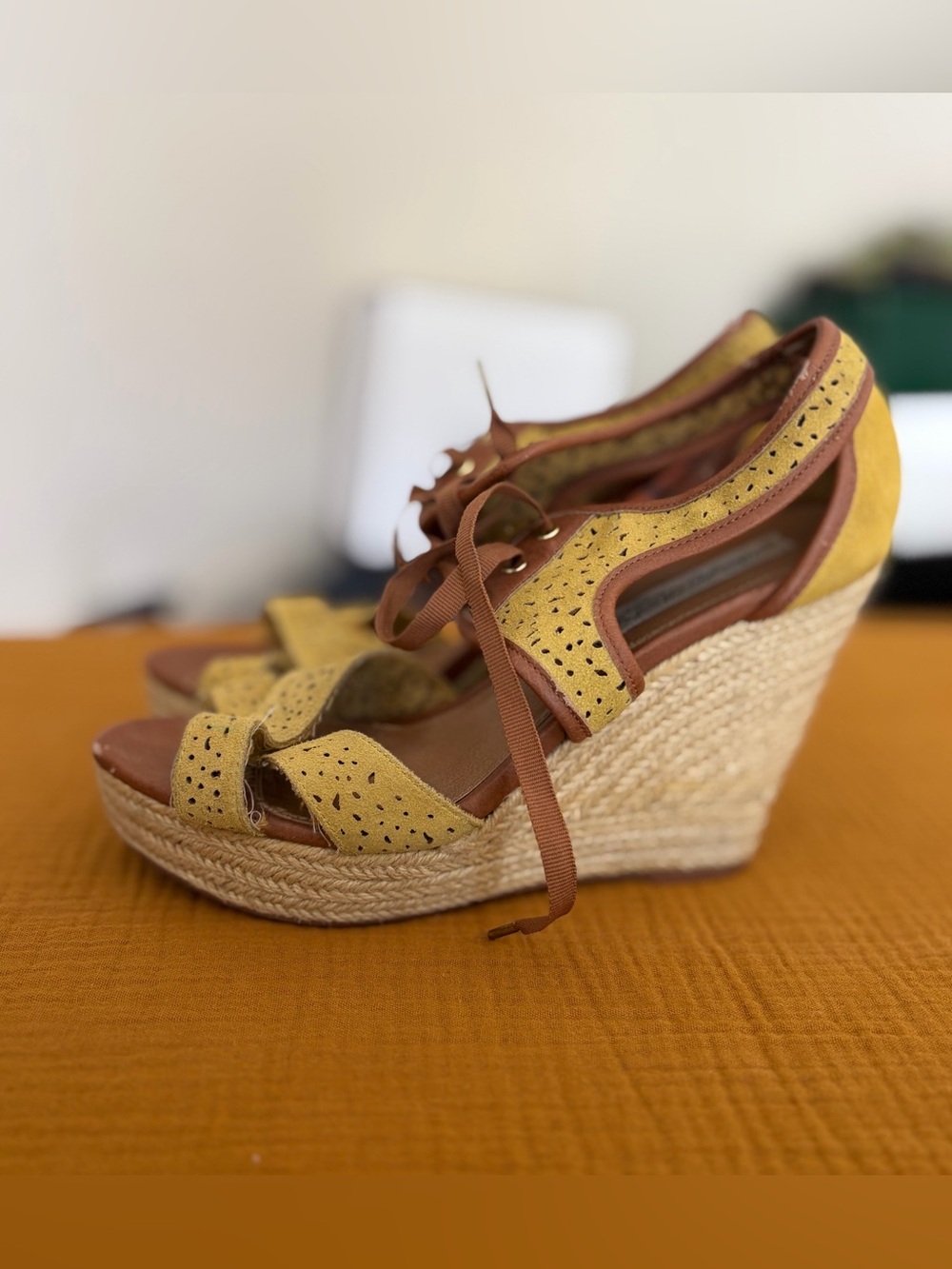 *pre-loved* Mustard Yellow Suede Lace-Up Espadrille Wedge Sandals Size 9.5